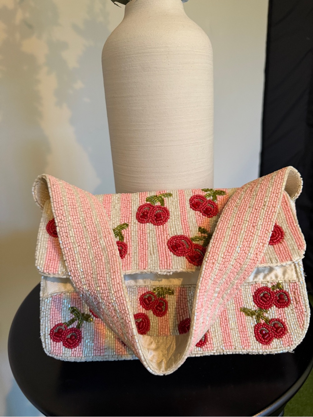 Beaded Cherry Embroidered Pink Clutch